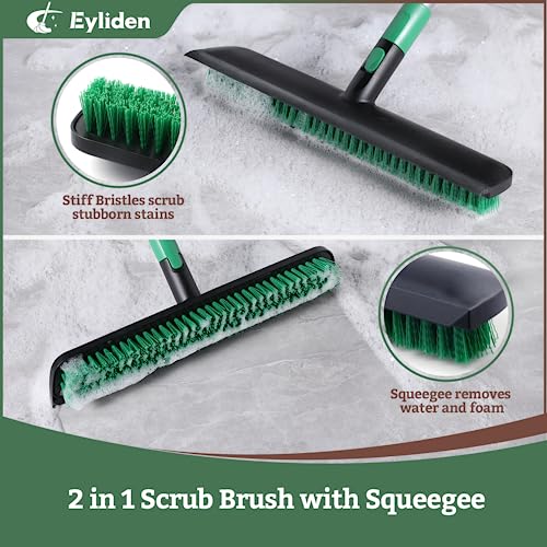 Eyliden Scrub Brush with Squeegee, Floor Deck Tile Bath Cleaning Scrubber | 15-inch Wide, 45° Angle 2-in-1 Stiff Bristles & Rubber Head, 55" Telescoping Long Handle, for Shower Kitchen Patio Garage