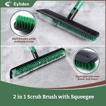 Eyliden Scrub Brush with Squeegee, Floor Deck Tile Bath Cleaning Scrubber | 15-inch Wide, 45° Angle 2-in-1 Stiff Bristles & Rubber Head, 55" Telescoping Long Handle, for Shower Kitchen Patio Garage