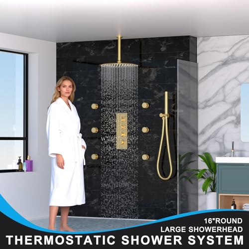 HOMEDEC 16" Round Ceiling Mounted Rainfall Shower System, 3 Way Shower Diverter Valve with 2-Function Handheld Shower and Body Jets, Brushed Gold - color: Brushed Gold, style: 3-Way
