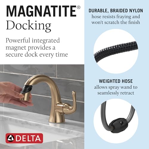 Delta Arvo 1 Hole Brushed Gold Bathroom Faucet with Sprayer, Single Hole Bathroom Sink Faucet with Pull Out Sprayer for Vanity, Push-Pop Drain, Champagne Bronze 15840LF-CZPD - color: Champagne Bronze