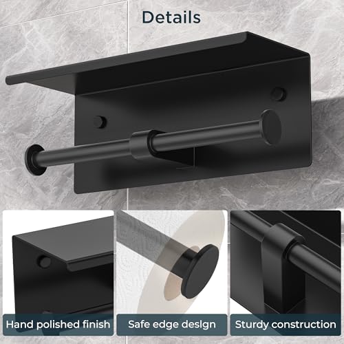 FORIOUS Toilet Paper Holder with Shelf, Commercial Toilet Paper Dispensers | Matte Black | Wall Mount Bathroom Tissue Holder | SUS304 Stainless Steel Rustproof | Double Tissue Roll Holder - color: Matte Black