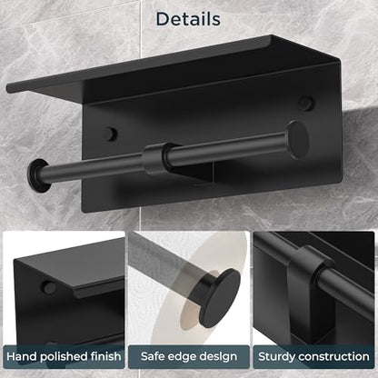 FORIOUS Toilet Paper Holder with Shelf, Commercial Toilet Paper Dispensers | Matte Black | Wall Mount Bathroom Tissue Holder | SUS304 Stainless Steel Rustproof | Double Tissue Roll Holder - color: Matte Black