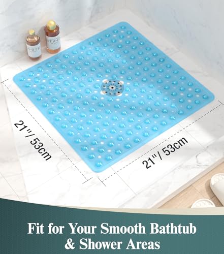 HITSLAM 21x21 Inch Square Shower Mat Non Slip, Anti Slip Bathtub Mat with Strong Suction Cups & Drainage Holes, Machine Washable Bathroom Floor Mat for Inside Shower Stall and Tub, Blue - color: Blue