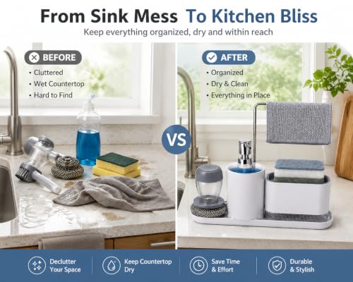 4-Piece Kitchen Sink Caddy with Soap Dispenser – Sponge Holder & Scrubber Brush, Removable Drain Tray, Dishcloth Bar, All-in-One Countertop Organizer for Kitchen & Bathroom – White