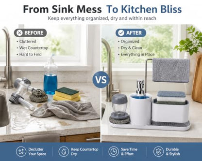 4-Piece Kitchen Sink Caddy with Soap Dispenser – Sponge Holder & Scrubber Brush, Removable Drain Tray, Dishcloth Bar, All-in-One Countertop Organizer for Kitchen & Bathroom – White