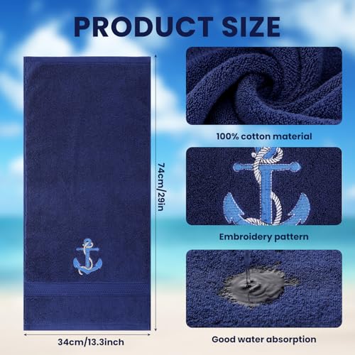 SmoothNovelty 2 Pcs Nautical Anchor Hand Towels Navy Blue Bathroom Decor 14x29 Inch Embroidered 100% Cotton Soft Absorbent Spring Summer Decorative Hand Towels for Bathroom Kitchen - style: Nautical Anchor