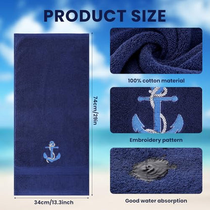 SmoothNovelty 2 Pcs Nautical Anchor Hand Towels Navy Blue Bathroom Decor 14x29 Inch Embroidered 100% Cotton Soft Absorbent Spring Summer Decorative Hand Towels for Bathroom Kitchen - style: Nautical Anchor
