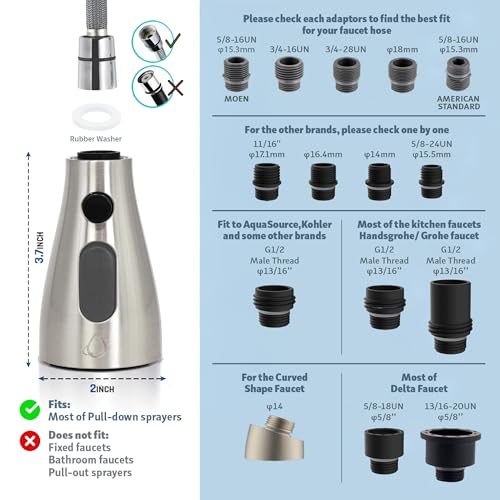 EcoKitchen5Stars Pull-Down Kitchen Faucet Head Replacement, 3-Function Sprayer, G1/2 Thread (13/16 in OD) with 15 Adapters, for Standard Threaded Hoses, Not for Magnetic Dock Faucets, Chrome - color: Chrome