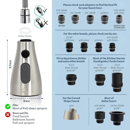 EcoKitchen5Stars Pull-Down Kitchen Faucet Head Replacement, 3-Function Sprayer, G1/2 Thread (13/16 in OD) with 15 Adapters, for Standard Threaded Hoses, Not for Magnetic Dock Faucets, Chrome - color: Chrome
