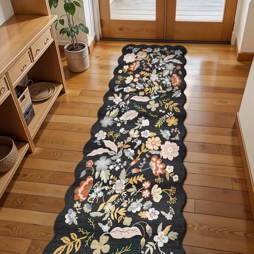 2x8ft Scalloped Hallway Runner Rug: Washable Floral Kitchen Runner Black | Boho Stain Resistant Floor Carpet for Bathroom Bedroom Entryway - Soft Low-Pile Thin Rug with Rubber Backing for Home Decor - color: Black, size: 2' x 8' (Runner)