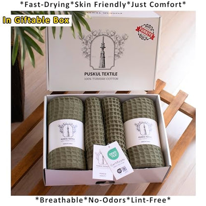 PÜSKÜL Natural 100% Turkish Cotton Waffle Towels Set of 4-Piece Khaki Green | 2-Bath sheet (Extra-large 32x63") and 2-Hand towel (Large 32x16"). Premium honeycomb-waffle weave, oeko-tex made in Turkiye. - color: Khaki Green