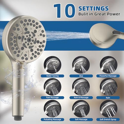 12" Metal Rainfall Shower Head with 10-Mode Handheld, Brushed Nickel | NSF/ANSI/CAN 372 Certified, High Pressure Showerhead Combo with 11" Adjustable Shower Arm, 71" Hose, Shower Head Holder - color: Brushed Nickel, style: Square 12"