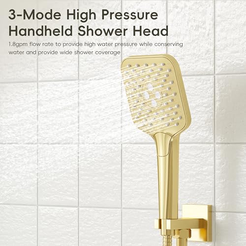Gabrylly Shower System with Tub Spout, Wall Mounted Shower Faucet Set for Bathroom with High Pressure 10" Rain Shower head and 3-Setting Handheld Shower Head Set,Brushed Gold - color: brushed gold 01