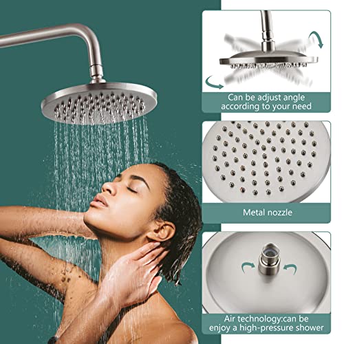 Heyalan Dual Shower System, 8 Inch Rain Head, Handheld,Brushed Nickel | Dual shower system with 8 inch rain head, handheld sprayer, exposed pipe design, two-handle control, and brass body. - color: Brushed Nickel