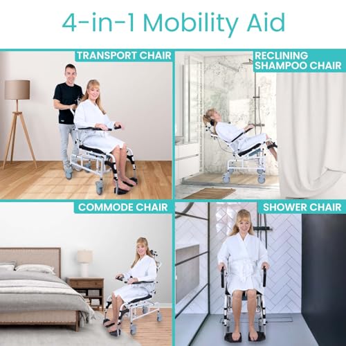 Vive Reclining Shower Chair with Wheels - Commode Wheelchair for Seniors, Disabled & Handicap - Padded Transfer Rolling Chairs w/Arms - Portable, Waterproof Shower Chair - Reclines for Easy Hair Wash | Disabled & Handicap - Padded Transfer Rolling Chairs