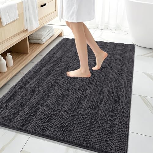 OLANLY Thick Large Bathroom Rugs 59x35, Soft Chenille Bath Rugs, Dark Grey | Absorbent Striped, Rubber Backing, Machine Wash Dry, Bath Mats for Bathroom Floor, Tub and Shower, Home Decor Accessories - color: Dark Grey, size: 59" X 35"