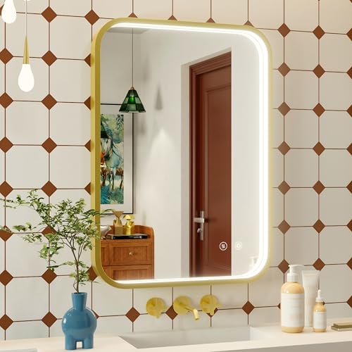 20x28 Inch Gold LED Bathroom Mirror with Lights,3000K/4500K/6000K | Stepless Dimmable, Memory Funtion,Anti-Fog, Aluminum Frame Wall Mount Lighted Bathroom Vanity Mirror, ETL Listed, Waterproof - color: Gold, size: 20"L x 28"W