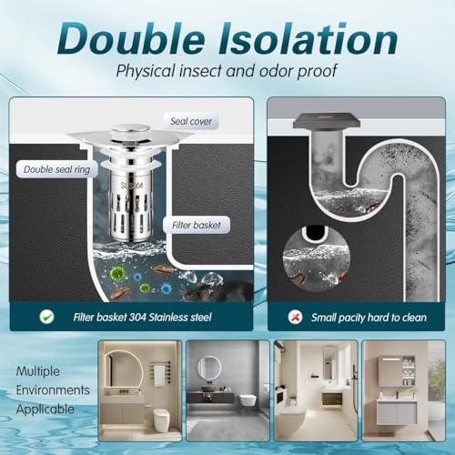 2025 New Universal Pop-Up Bathroom Sink Stopper with Hair Catcher, Pop-Up Removable Bathroom Sink Strainer, Easy-Install Sink Drain Strainer
