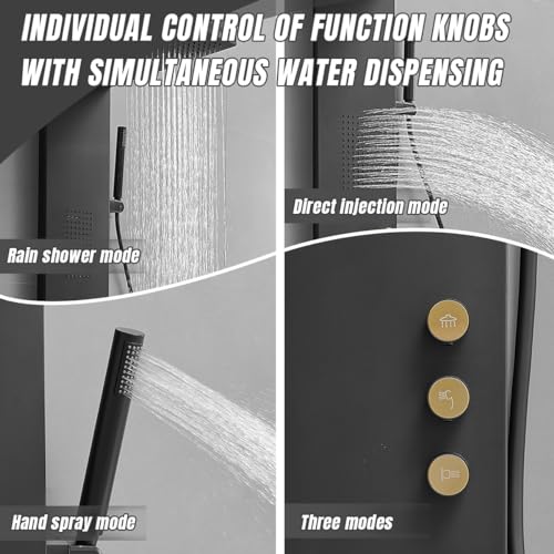 Shower Panel Tower System 3-Functions Wall Mount Black | Stainless Steel,Square Rainfall Shower Head,Massage Body Jets and Handheld,Contrast Gold Control Knobs,Modern Minimalist - color: Matte Black, style: Shower Panel-Standard