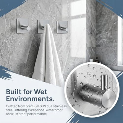 6-Pack Heavy Duty Waterproof Stainless Steel Robe and Towel Hooks - Easy to Install Wall Mounted Stylish Hook Set with Polished Finish for Bathroom and Bedroom Organization