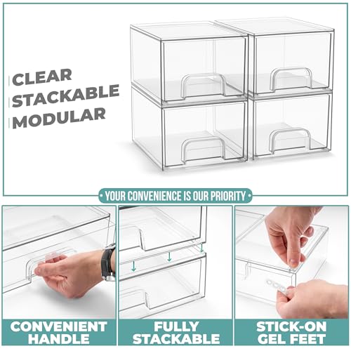 Sorbus Acrylic Storage Containers - 4 Pack, Stackable Storage Bins Set for Bathroom Organization - Clear Acrylic Drawer Organizers - Makeup Case Pull-Out Drawers (4.4’’ Tall) - size: 4 Pack, 4.4’’ Tall