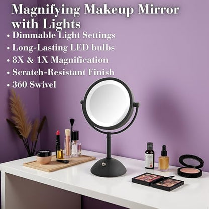 JERDON Lighted Makeup Mirror with 8X Magnification - Black - HL8808BKL | Two-Sided 1X View, 8.5" Round Frame, 16" Tall, LED Lighting - color: Black