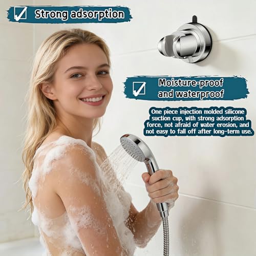 Vacuum Suction Cup Shower Head Holder, Adjustable Height No Drill Shower Arm Bracket with 360° Swivel, Handheld Shower Holder for Tile/Glass, Chrome Finish, Strong Hold for up to 11 lbs