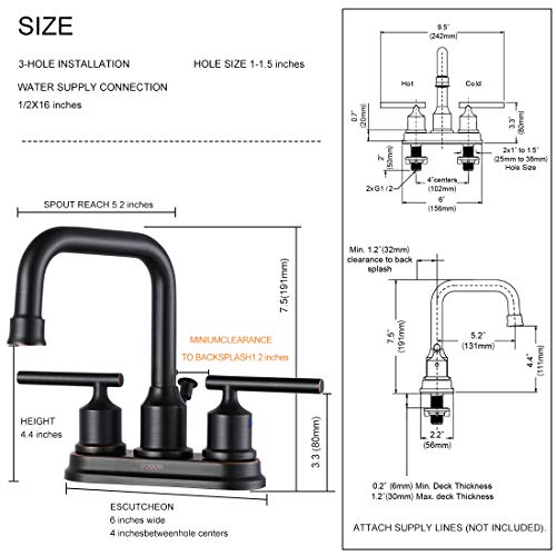 WOWOW Oil Rubbed Bronze Bathroom Faucet for Bathroom Sink Faucet 3 Hole Lavatory Faucet 2 Handle Vanity Faucet with Drain and Supply Hose Mixer Tap High Arc Swivel Spout - color: Oil Rubbed Bronze, style: Centerset - 4 Inch