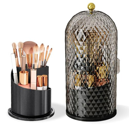 Makeup Brush Holder with Lid, 360 Rotating Multifunction Clear Dustproof Skincare Cosmetic Tools Storage Organizer for Vanity Desktop Bathroom Countertop (Black) - color: Black