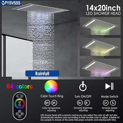 Thermostatic Shower System with 14x20 Inch Ceiling Mount LED Head & 6 Inch Wall Head and Handheld Shower 4 Function Vale with body jets Can All Run Together,Brushed Nickel - color: Brushed Nickel, style: 14x20 led+6 jets