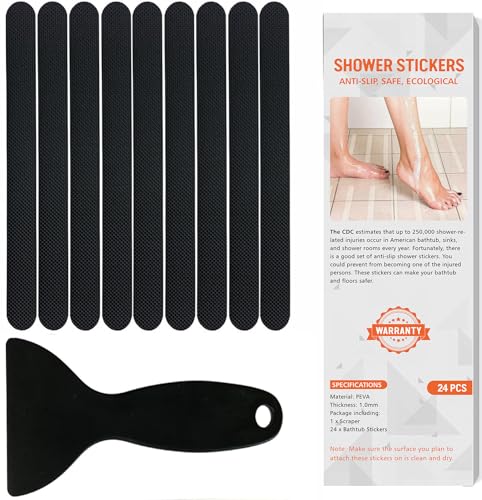 Non Slip Bathtub Stickers, 24 PCS Shower Stickers for Safety Bathroom Tubs, Bathtub Non Slip Stickers and Adhesive Decals Scraper for Bath Tub, Shower Floor, Stairs, Ladders(Black) - color: Black