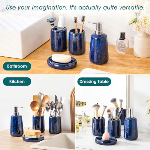 vancasso Blue Bathroom Accessories Set, Ceramic Soap Dispenser and Toothbrush Holder Sets, Stoneware 4 Pcs Bathroom Sink Set for Modern Home Decor, Series Starry - style: Blue