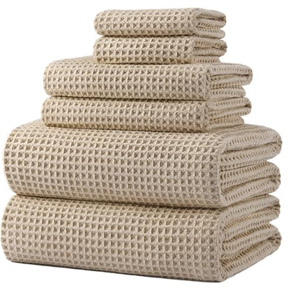 POLYTE 430 GSM Poly Blend Microfiber Quick Dry Waffle Bath Towel Set of 6 | 2-Body Towels, 2-Hand Towels, 2-Wash cloths, Oversize, Lint Free - color: Beige