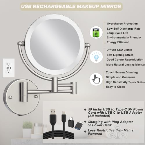 Brass Makeup Mirror with Lights Wall Mounted 10X Magnification, Hardwired | 8 Inches 2 Sides, Bathroom Vanity Shaving, 360 Rotation Extended Swing Arm, 3 Color Lighting Touch Dimming, Brushed Nickel - color: Brushed Nickel