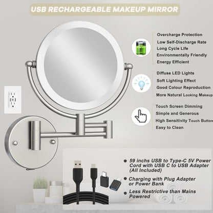 Brass Makeup Mirror with Lights Wall Mounted 10X Magnification, Hardwired | 8 Inches 2 Sides, Bathroom Vanity Shaving, 360 Rotation Extended Swing Arm, 3 Color Lighting Touch Dimming, Brushed Nickel - color: Brushed Nickel