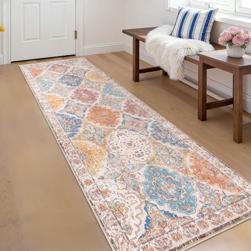 Moroccan Vintage Distressed Geometric Colorful 2.7x10 Runner Rug | Boho Floral Washable Non Slip Throw Floor Long Carpet Runner for Hallway Entryway Kitchen Bathroom Bedroom Livingroom Rug - color: Colorful, size: 2'9" x 10' (Rectangular)