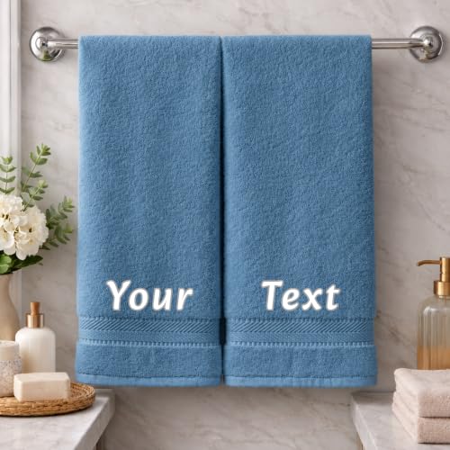 Personalized Towel Set, Custom Bath Towels with Name, Turkish Cotton Blue | 2 Pcs Hand Towel Set, 100% Cotton, Embroidered, Monogrammed, Customized Gift For Adults, Wedding, Bridal Shower, Housewarming - color: Mid Blue, size: Hand Towels - 2 Piece