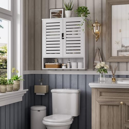 SMIBUY Bathroom Cabinet Wall Mounted, Bamboo Over-The-Toilet Storage Organizer, Space Saver Medicine Cabinet with 2 Door and Adjustable Shelves (White) - color: White