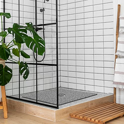 Shower Mat Non Slip,27 x 27 Inch Extra Large Bath Mat with Drain,Soft Square Loofah Shower Stall Mat Bathtub Mat for Bathroom,Without Suction Cups (Black White) - color: Black White