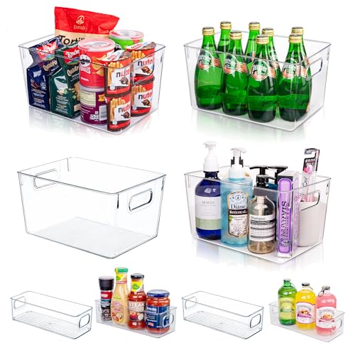 Set of 8 Pantry Organizers and Storage, Clear Plastic Bins(4L+4S) | BPA-free PETG storage containers with handles, Ideal for kitchen, fridge, bathroom, cabinet, office, and garage organization - size: 4 Large & 4 Small
