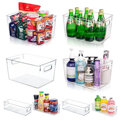 Set of 8 Pantry Organizers and Storage, Clear Plastic Bins(4L+4S) | BPA-free PETG storage containers with handles, Ideal for kitchen, fridge, bathroom, cabinet, office, and garage organization - size: 4 Large & 4 Small
