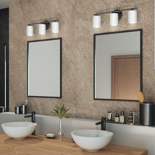 Progress Lighting 3-Light Etched Glass Modern Bath Vanity Light, Replay Collection, Indoor, P2159-31, Textured Black - color: Textured Black, size: 3-Light