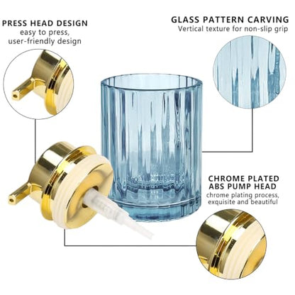 CERBIOR Bathroom Accessories Set, 4 PCS Glass Bathroom Set,Golden Blue | Includes Soap Dispenser, Toothbrush Holder, Toothbrush Cup, Soap Dish for Decorative Countertop and Housewarming Gift - style: Grey Blue