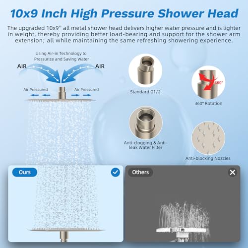 Hibbent High Pressue All Metal 10" Rainfall Shower Head, Handheld 10-Spray | cUPC Certified Brushed Nickel Dual Showerhead Combo, 4-way Diverter with Pause Mode, Brass Extension Arm, 71'' Hose & Holder - color: Brushed Nickel, style: Square 10"