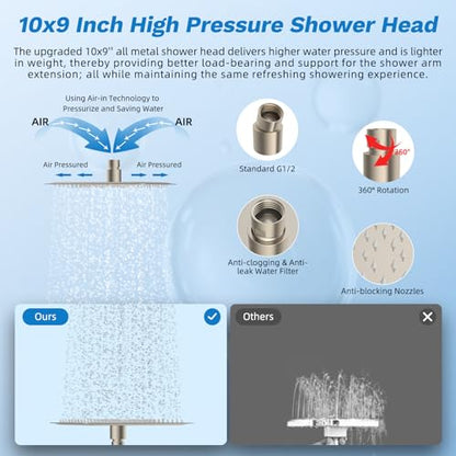 Hibbent High Pressue All Metal 10" Rainfall Shower Head, Handheld 10-Spray | cUPC Certified Brushed Nickel Dual Showerhead Combo, 4-way Diverter with Pause Mode, Brass Extension Arm, 71'' Hose & Holder - color: Brushed Nickel, style: Square 10"