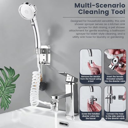 Sink Faucet Sprayer Attachment, Universal 5-Adapter Kit with On/Off Switch and 3 Spray Modes, Retractable Hose Sprayer for Kitchen Sink, Pet Washing, and Bathroom Cleaning
