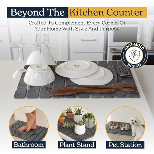 Oleex 3-Pack Stone Dish Drying Mat Set Includes 1 Large 24”x16” & 2 Small 4”x9” for Kitchen Counter-Collapsible Diatomaceous Earth Pad Absorbs Water & Dries Dishes Fast, Non-slip, Odor-Resistant Mats - color: Dark Grey Marble