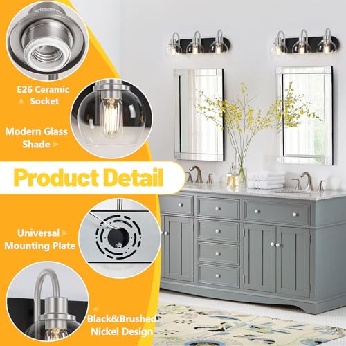 Dpyrrhic Modern 3-Light Vanity Light, Bathroom Lighting Fixture Over Mirror With Clear Glass Shade and Metal Base, Matte Black and Brushed Nickel - color: Black & Brushed Nickel, size: 3-Light