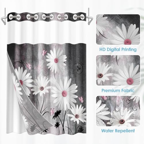 No Hook Shower Curtain with Snap in Liner 71x74 Inch Daisy Grey | Farmhouse Pink Butterfly Modern Double Layers Waterproof Fabric with See Through Top Window Open Grommet Bath Curtain - color: Grey, size: 71"W x 74"L (Pack of 1)