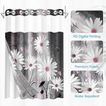 No Hook Shower Curtain with Snap in Liner 71x74 Inch Daisy Grey | Farmhouse Pink Butterfly Modern Double Layers Waterproof Fabric with See Through Top Window Open Grommet Bath Curtain - color: Grey, size: 71"W x 74"L (Pack of 1)